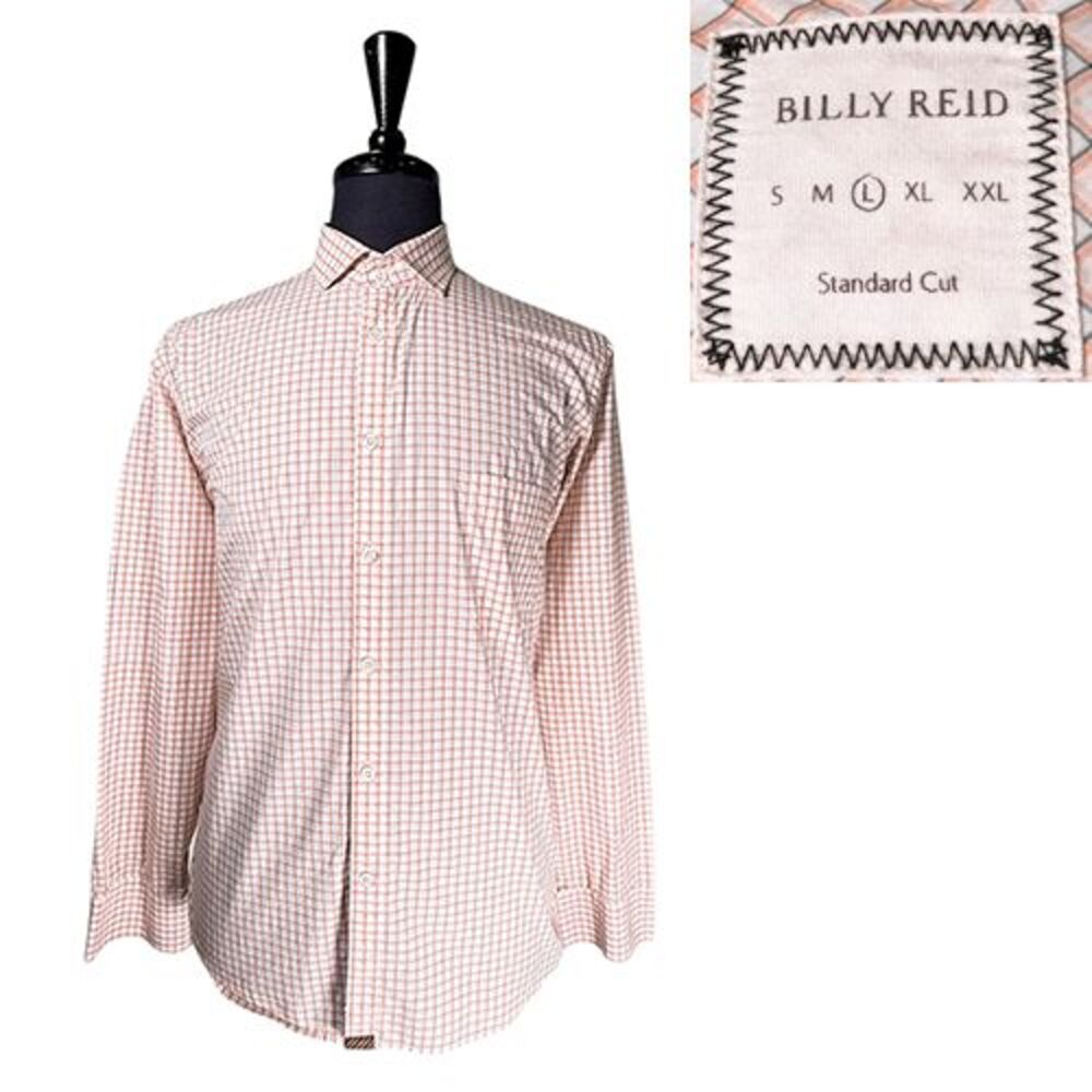 Billy Reid Shirt Mens Large Orange Gray Check Button Front Standard Fit